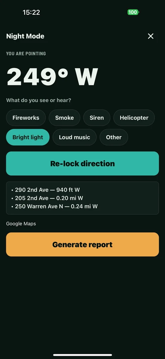 Sightlines Night Mode showing a westward direction and nearby address candidates