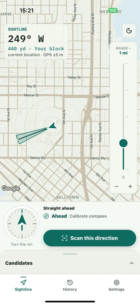 Sightlines Nearby map with a westward direction cone, a one-mile range, and Scan this direction button