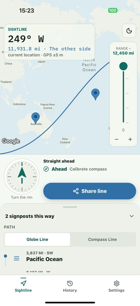 Sightlines World Line following a westward path across the Pacific Ocean toward Australia