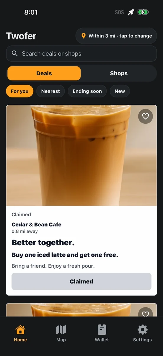 Twofer in dark mode with nearby businesses and an example iced latte offer