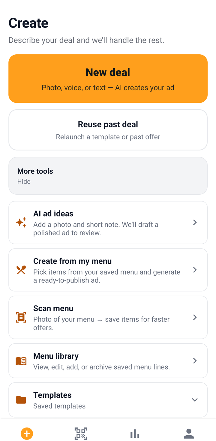Twofer merchant screen showing AI-assisted deal creation tools