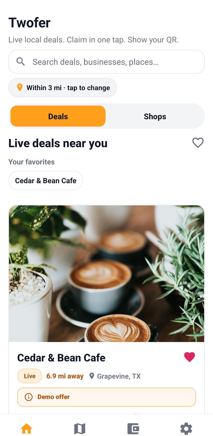 Twofer customer screen showing live local deals